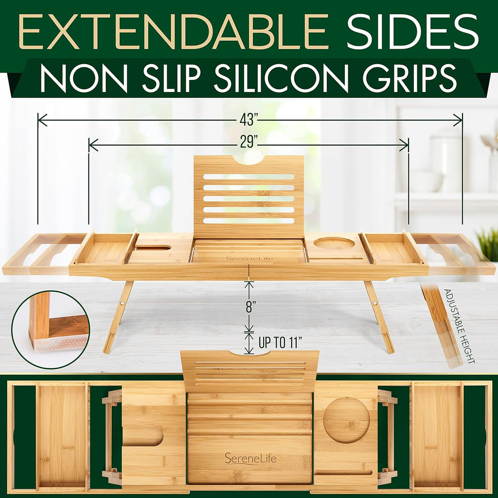 Bath Caddy Breakfast Tray Combo - Natural Bamboo Wood Waterproof Tub and Bed with Folding Slide-Out Arms, Device Grooves, Wine Glass Soap Holder